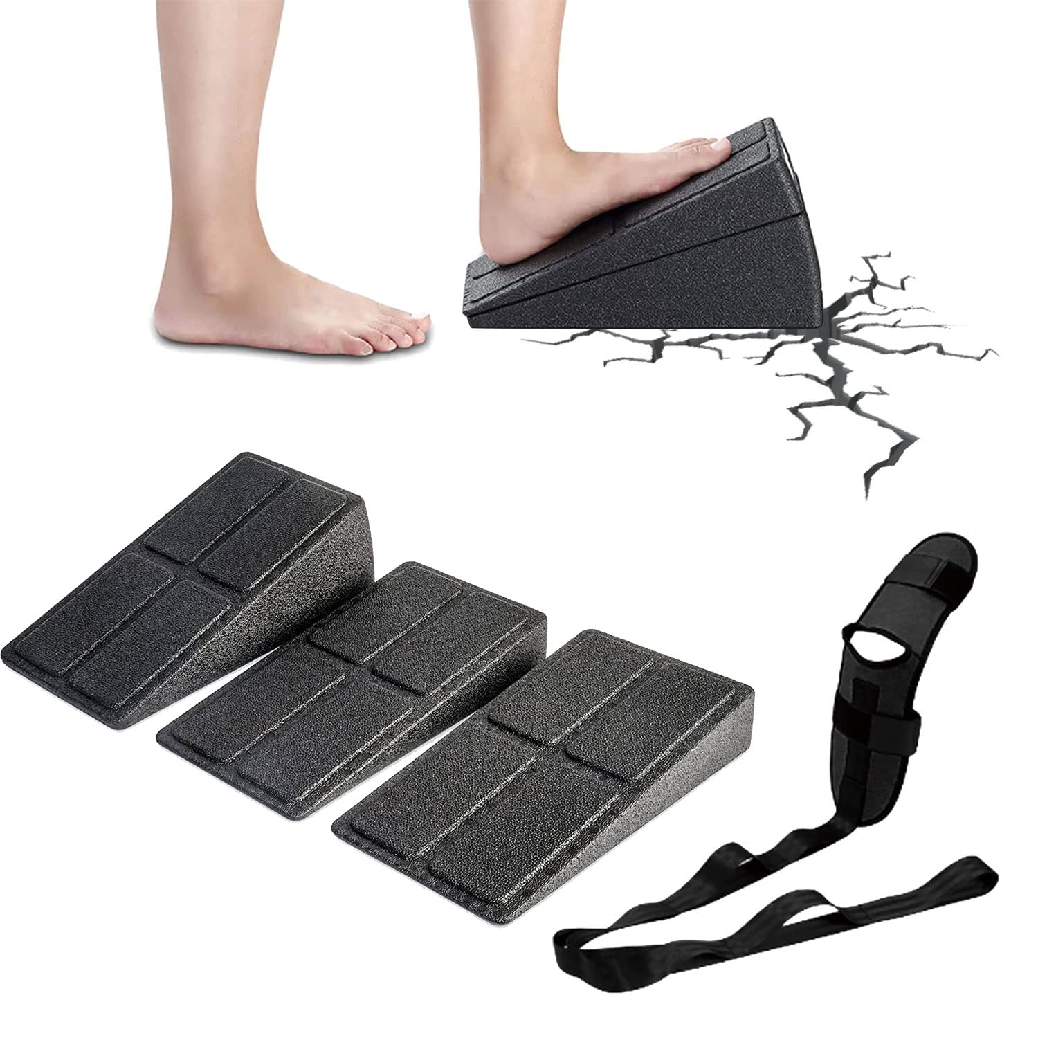 3 Piece Incline Board Calf Stretcher Knee Liebscher and Braws 5 Adjustable Angles with Yoga Facia Stretcher Straps for Calves and Feet Achilles Tendonitis, Squat Wedge