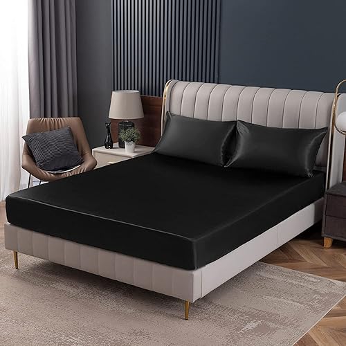 Miniatura 48 de Homiest Sábanas Bajeras de Satén Negro Tamaño Full con Bolsillo Profundo, Lujo y Ultra Suave, Ropa de Cama Individual, Vendidas por Separado