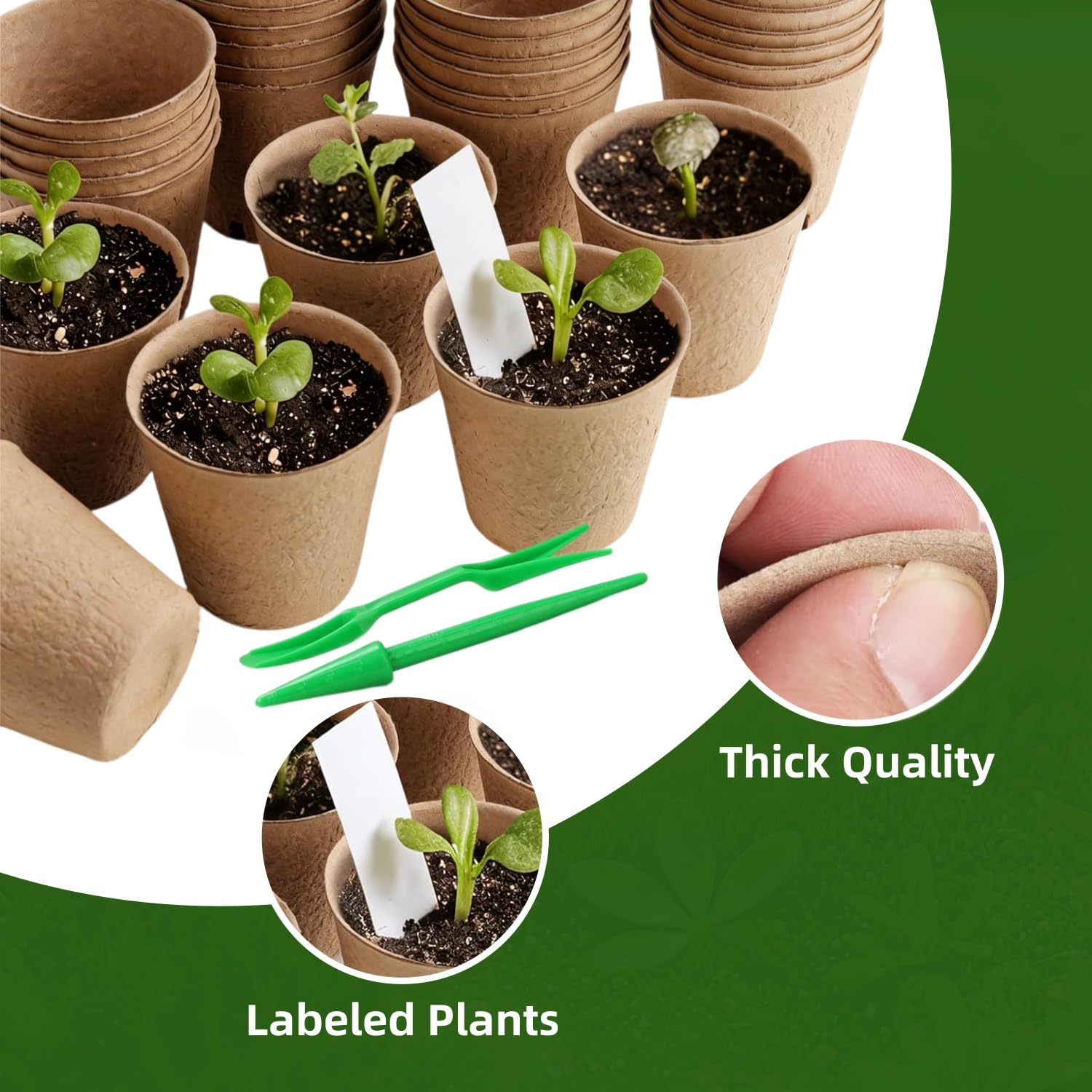 100 Piezas Redondas Macetas biodegradables de 8 cm, Kit de Inicio de Plántulas Biodegradable y Ecológico, Semilleros Germinacion Macetas con 100 Etiquetas de Plantas y 2 Herramientas de Plantación — view 3