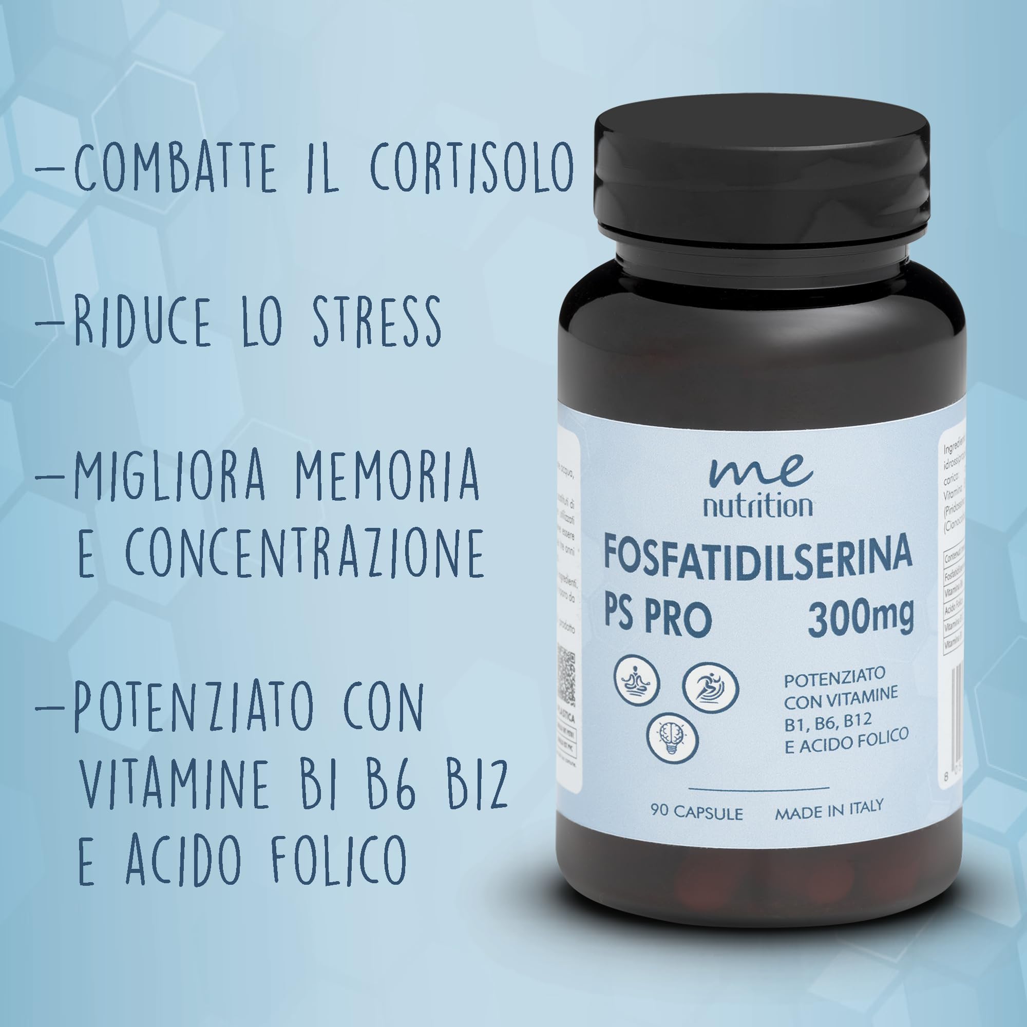 Fosfatidilserina Pura 300mg Contrasta il Cortisolo, Migliora Memoria e Concentrazione, Riduce lo Stress Integratore Nootropico con Vitamine B1 B6 B12 Acido Folico 90 Capsule Me Myeasy 2 Pack