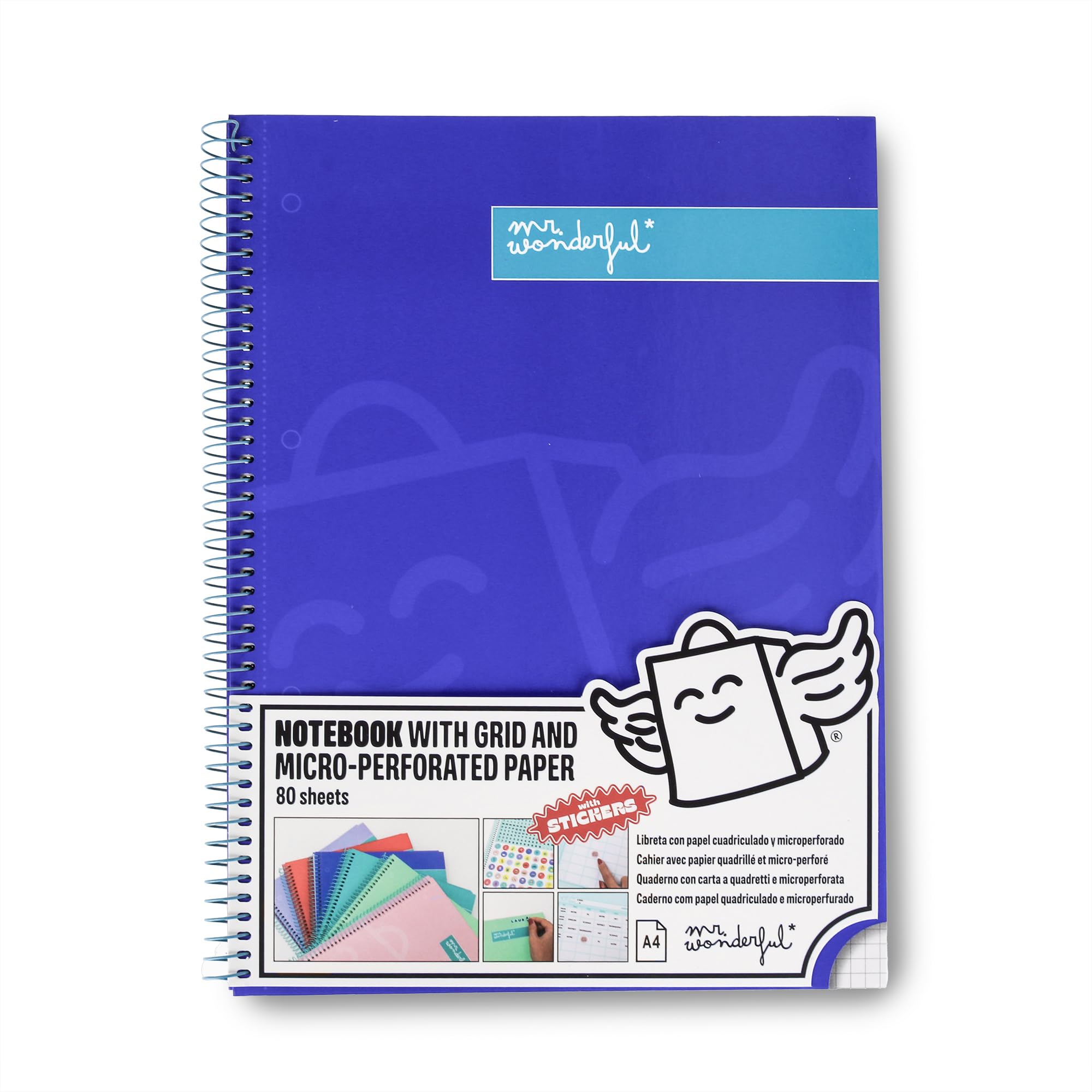 Mr. Wonderful - Blue A4 Notebook - Grid and Micro-Perforated Sheets - 80 Pages - Hardcover - Spiral Bound - Stickers Included