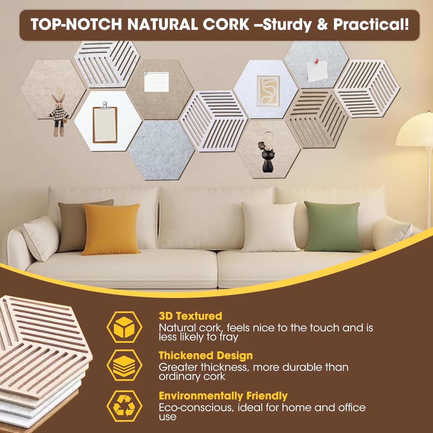16 Pcs Hexagon Cork Boards for Walls Decor, 12“ Board Tiles Adhesive Cork Bulletin Board Tiles with 100 Pins for Office School Home Wall Decor Stickers Photos Display