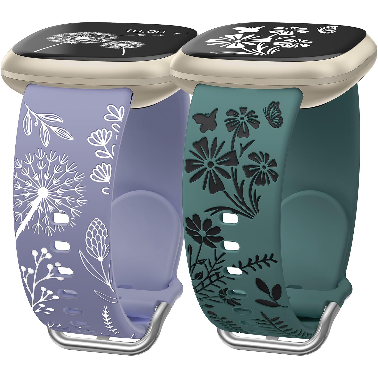 Wearlizer 2 Pack Floral Engraved Strap Compatible with Fitbit Versa 3 Straps/Versa 4 Straps/Sense 2/Sense Bands Women