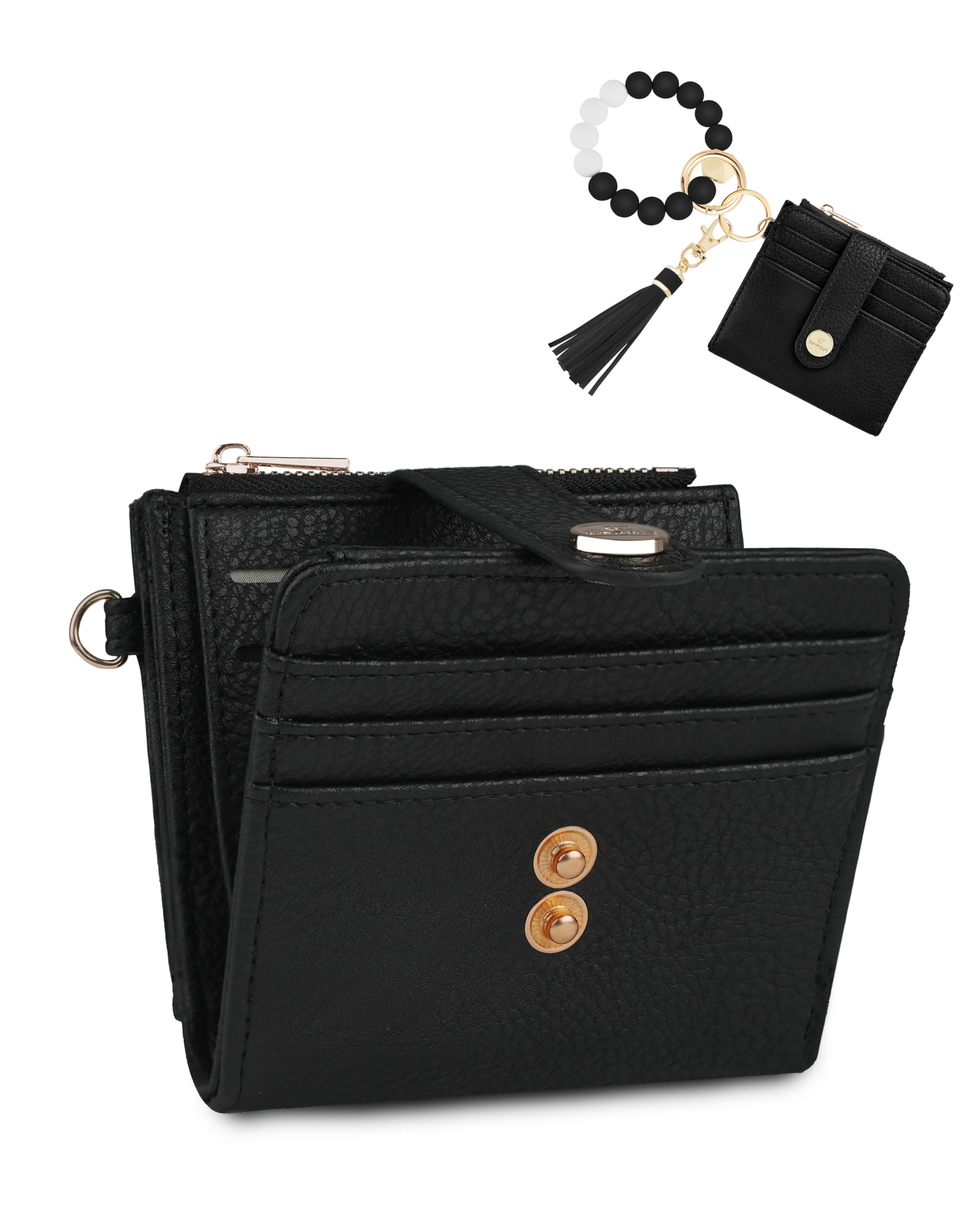 Sunpour Small Wristlet Wallets for Women Keychain Wristlet Wallet RFID Blocking Key Chain Wallet With Zipper Coin Pocket,2 Id Window (Black)