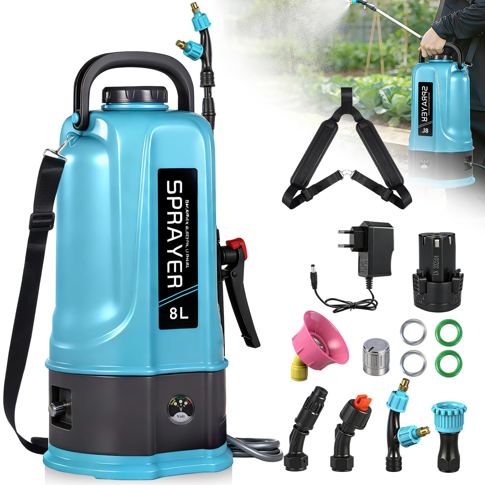 Akku Drucksprüher 8L,45PSI Elektrischer Pflanzensprüher Kompatibel mit Makita 12V Batterien,Rückenspritze Pflanzensprüher mit 4 Düsen,60cm Teleskopstab,2.0 Ah Akku,Ladegerät