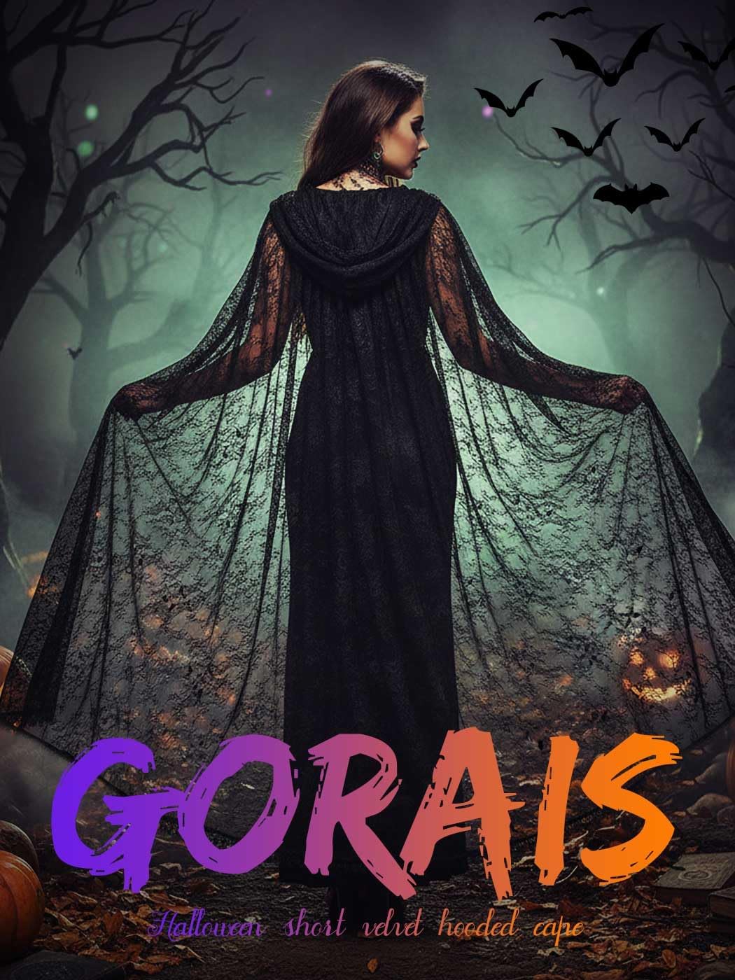 GORAIS Lace Hooded Cloak Long Womens Halloween Costumes Cape Full Length Sheer Cosplay Cloaks Robe