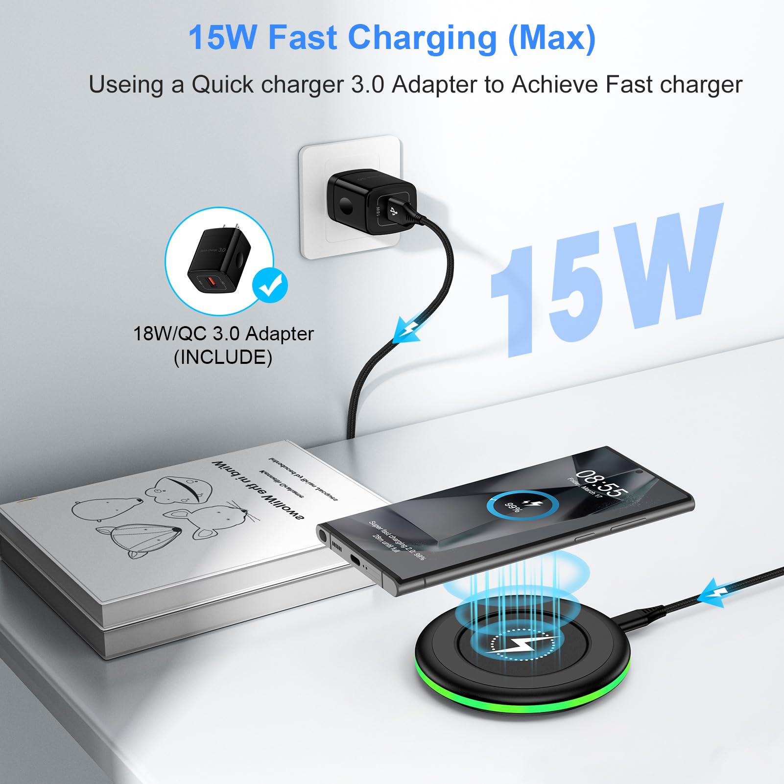 Pixel Wireless Charger for Google Pixel 10/10Pro/10Pro XL/9a/9Pro XL/9Pro Fold/9Pro/9/8/8a/8Pro/7/7Pro/6/6 Pro/5,Wireless Phone Charger Android for Samsung Galaxy S25Ultra/S24Plus with 18W QC Adapter