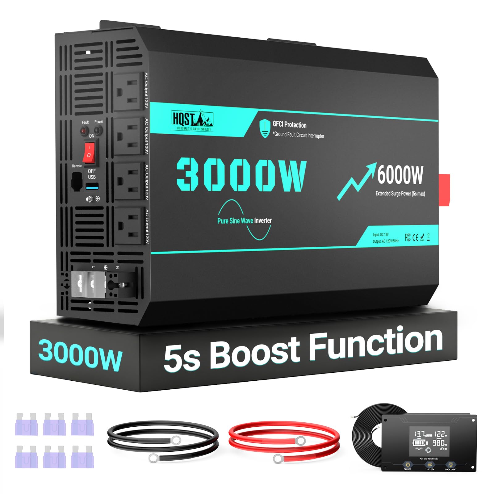 Photo 1 of HQST 3000W Pure Sine Wave Inverter, 12V to 110V, 6000W Surge, LCD Remote