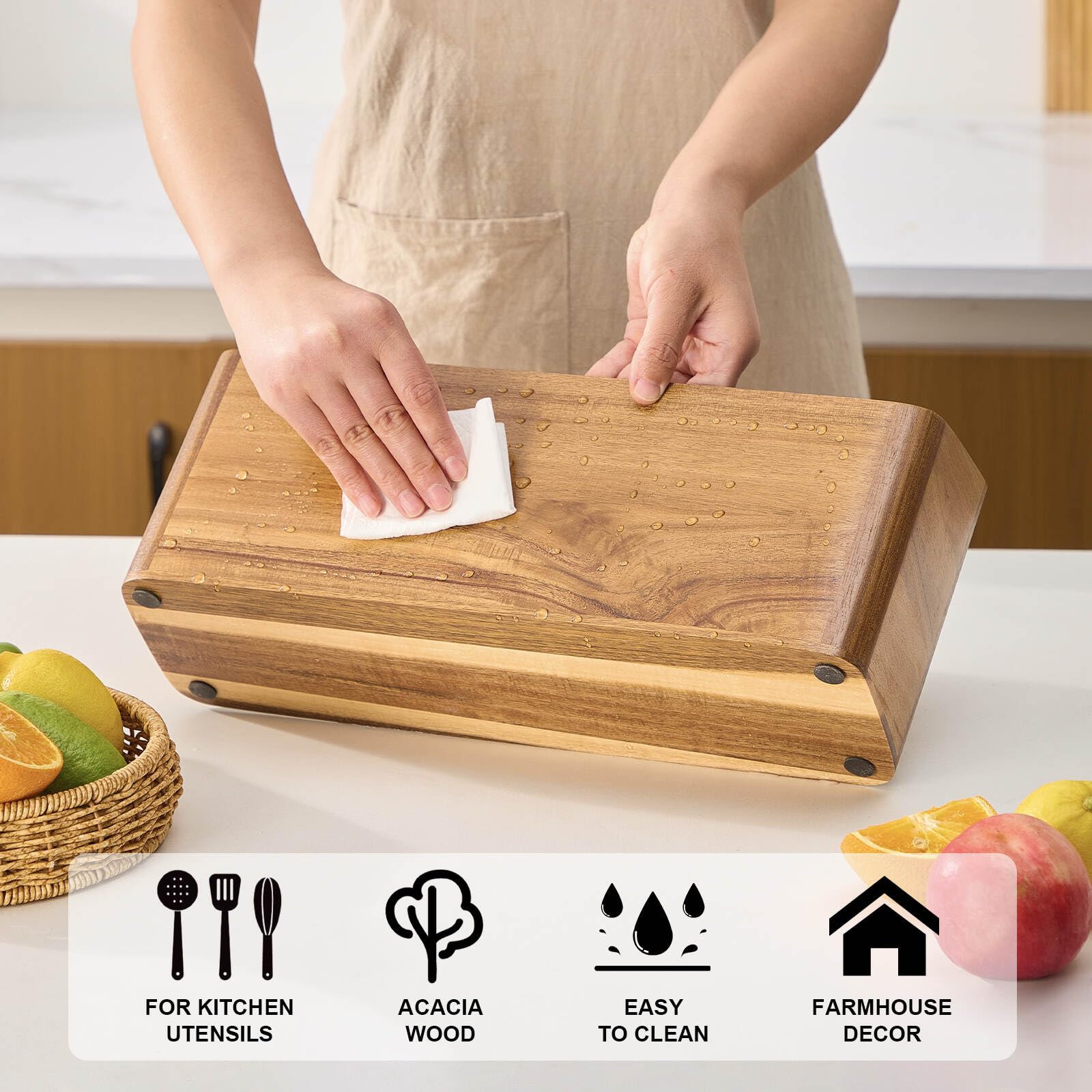 Utensilienhalter aus Holz für Küchentheke, Akazienholz, Küchenutensilienhalter für Arbeitsplatte mit 4 Fächern, Kochutensilien-Organizer, Besteck-Caddy (Akazienholz, 4 Fächer)