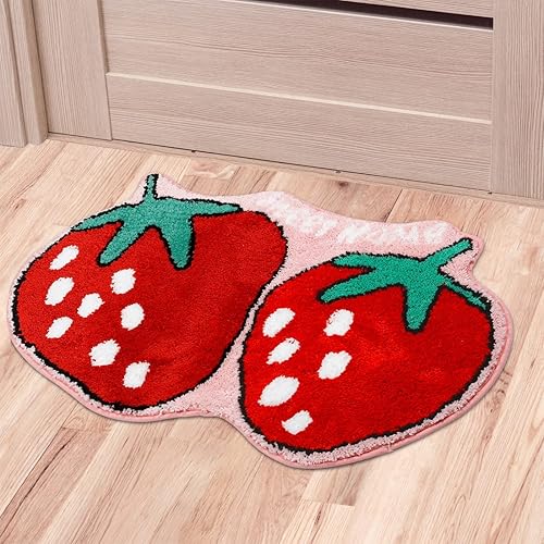 Miniatura 6 de Tapete de baño con forma de fresa, bonito tapete de baño con forma de fruta para decoración de baño, antideslizante, de microfibra de felpa,