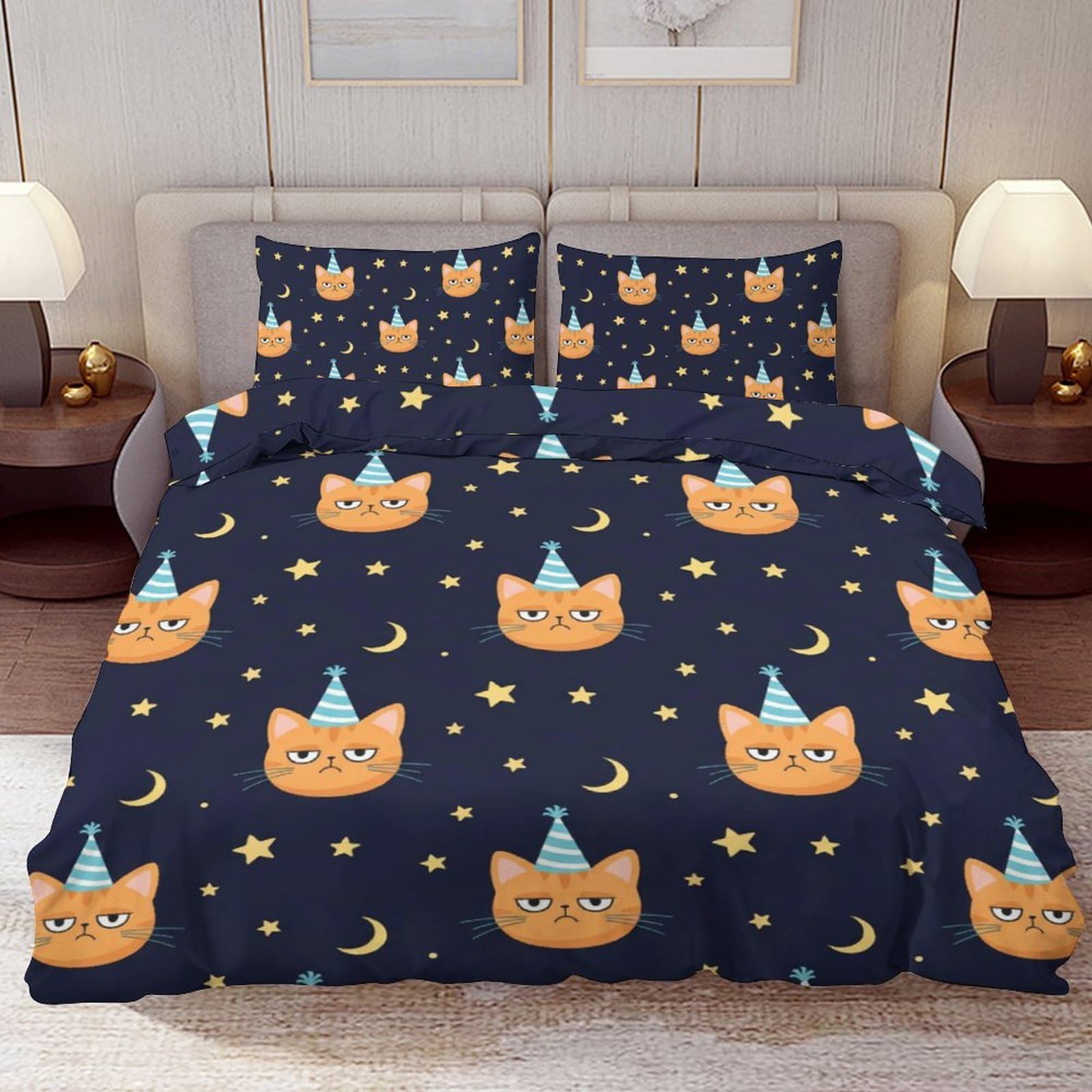 Delerain Comforter Cover Set Full Size, Cartoon Cat Moon Star 3-Piece Bedding Set for Boys Girls Teens Modern Soft Microfiber Bedroom Set Room Decor, 1 Duvet Cover + 2 Pillowcases