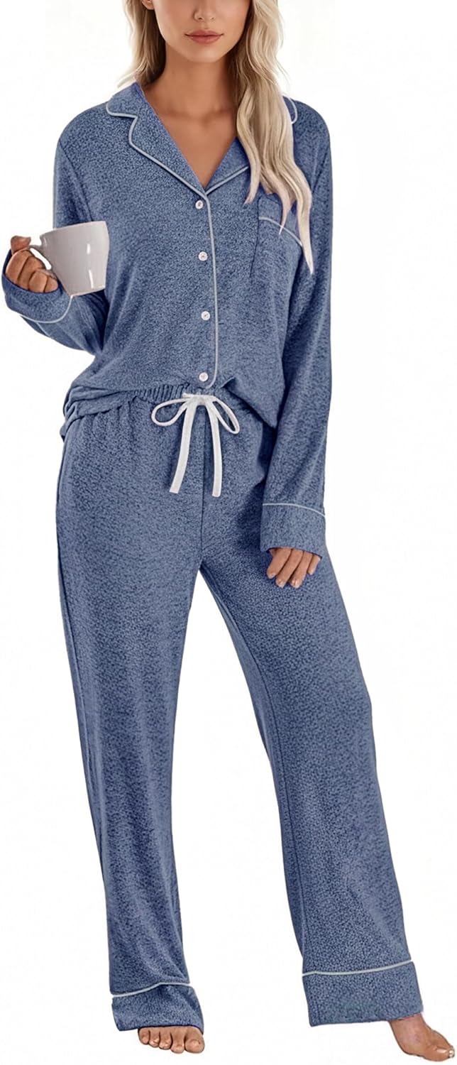PJGGZ Womens Pajama Sets Long Sleeve, Soft Cozy Button Down Top & Drawstring Pants with Pockets 2 Piece Lounge Pjs S-XXL