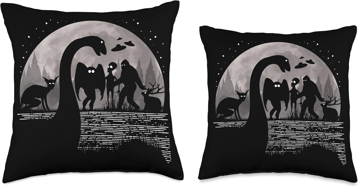 Bigfoot Loch Ness Monster and Mothman UFOs Chupacabra Alien Throw Pillow