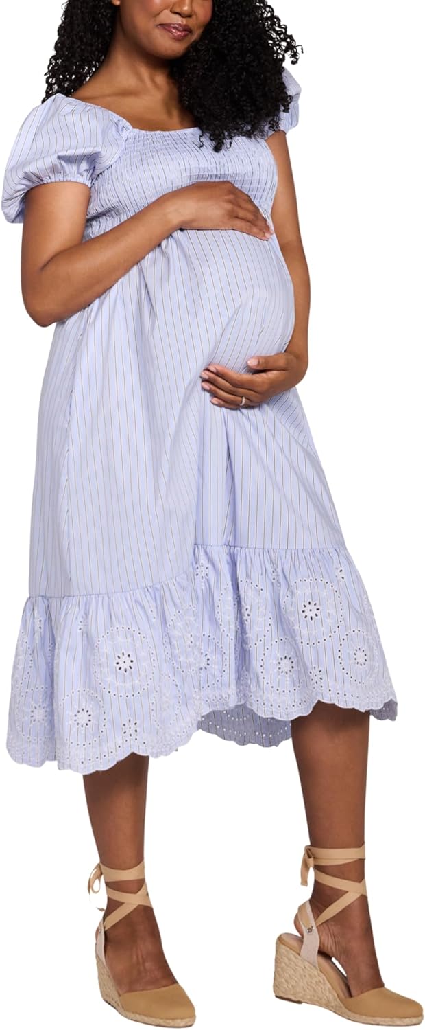 Motherhood Maternity Women's Square Neck Puff Sleeve Smocked Midi Pregnancy Dress