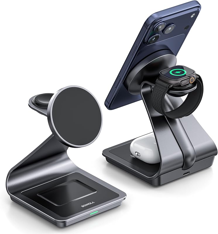 3-in-1 Wireless Charging Station for iPhone 17/16/15/14/13/12 Series, Apple Watch & AirPods, Aluminum Magnetic Charger Stand, MagSafe Compatible Fast Charging Dock for Multiple Devices
