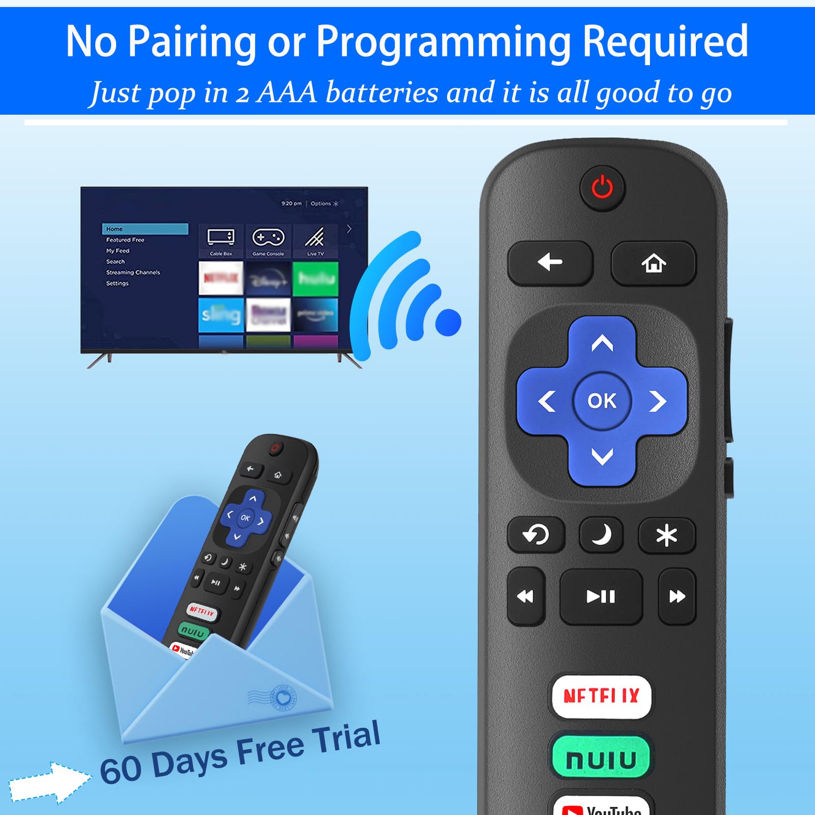Lot de 2 télécommandes de rechange compatibles avec Roku Smart TV, télécommandes infrarouges pour TCL/Hisense/Sharp/Philips/Onn/Element/Insignia Roku TV (non compatible avec Roku Stick, Box ou