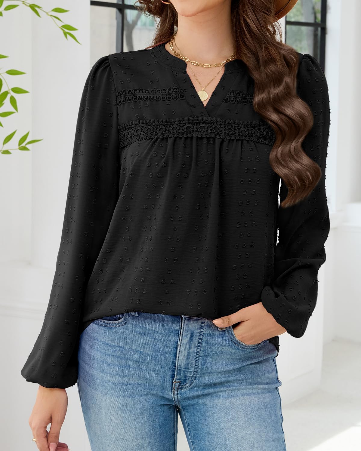 HEYTALALA Womens Fall Tops Long Sleeve Shirts Swiss Dot V Neck Pleated Tunic Dressy Casual Blouses Boho Clothing 2025 - Image 5