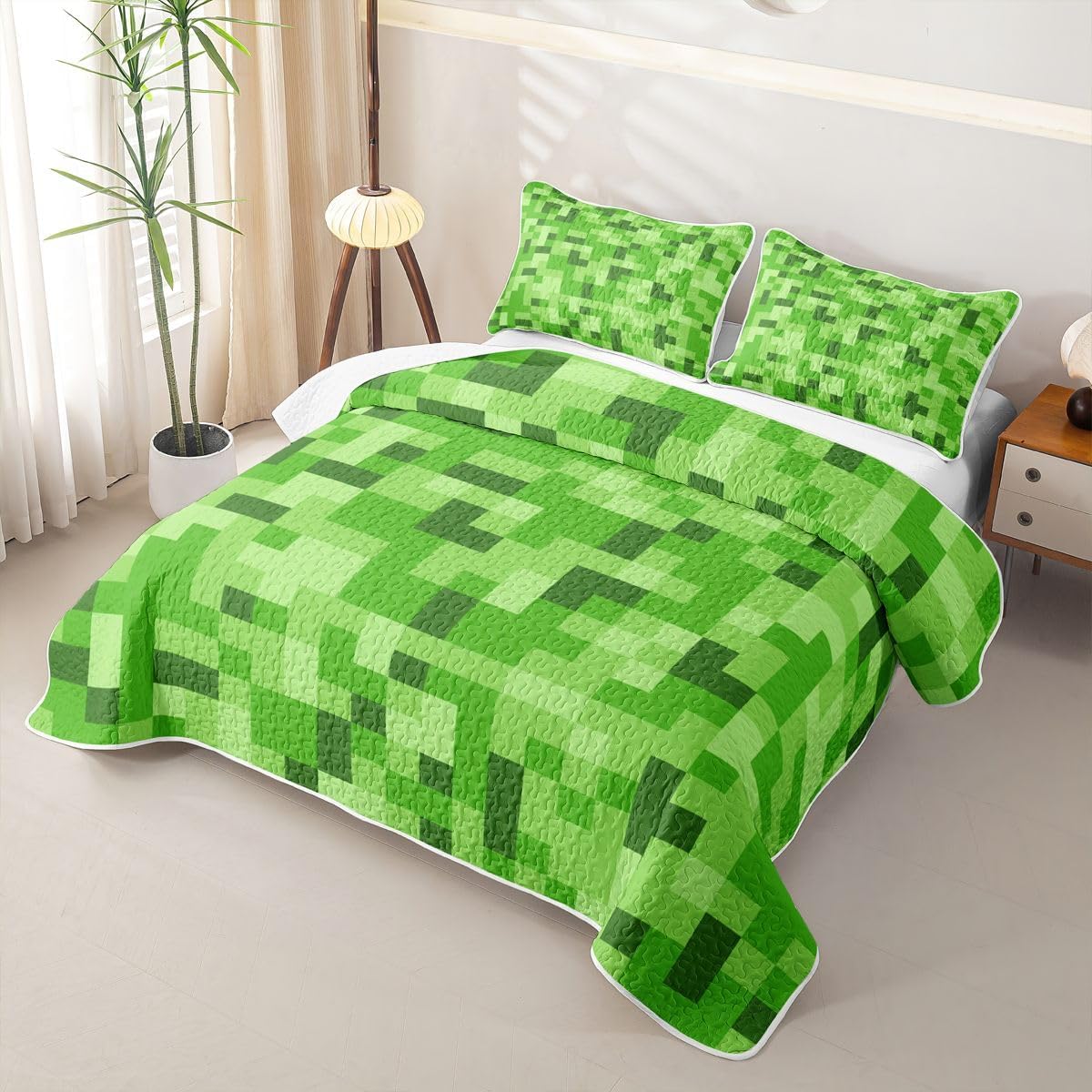 Manfei Green Pixelated Grid Quilt Set Twin Size, Miners Video Games Bedding Set 2pcs, Modern Geometric Plaid Bedspread Coverlet with 1 Pillow Sham, Kids Boys Girls Room Decor