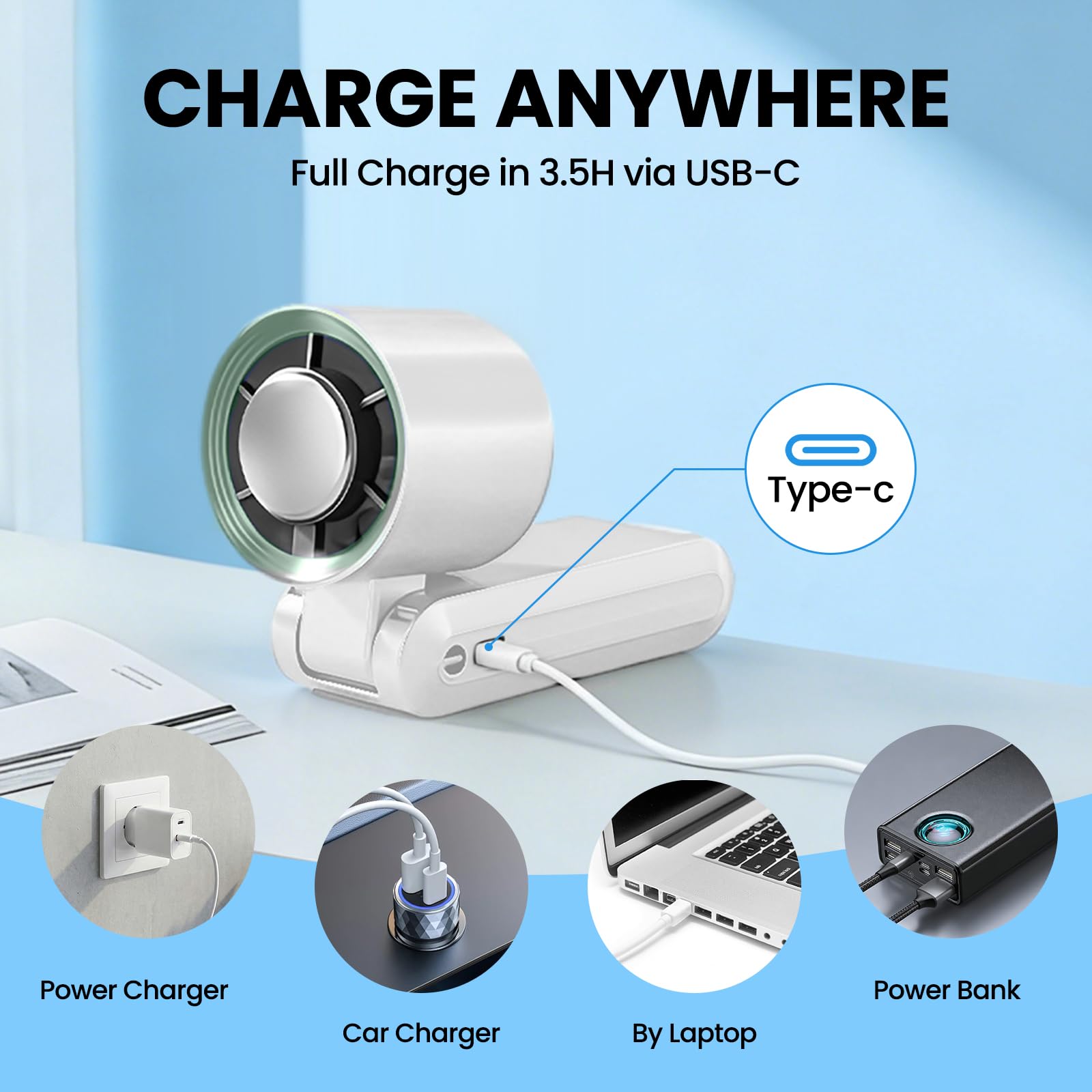Alutoria Mini Ventilador de Mano, Función de refrigeración, Turbo Ajustable de 1-199 Velocidad, Pantalla LED, Ventilador de Cuello Pequeño Plegable USB para Camping,Viajes,Hogar,Oficina (Blanco) — view 5