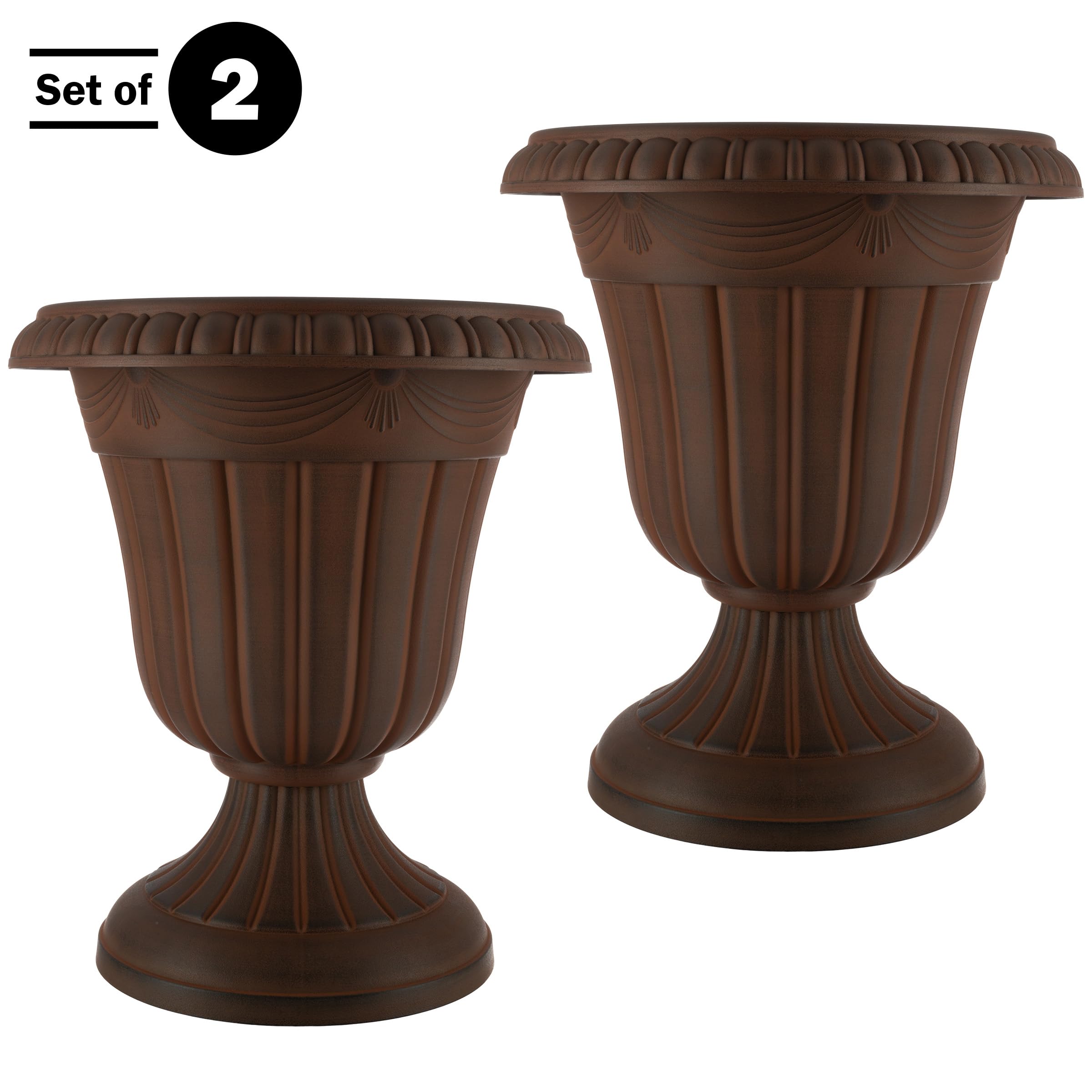 Pure Garden Outdoor Planter 2-Pack - 16x18-Inch Urn Planters - Plastic Plant Pots for Indoor, Outdoor, or Front Porch Decor - Flower Pots (Brown)