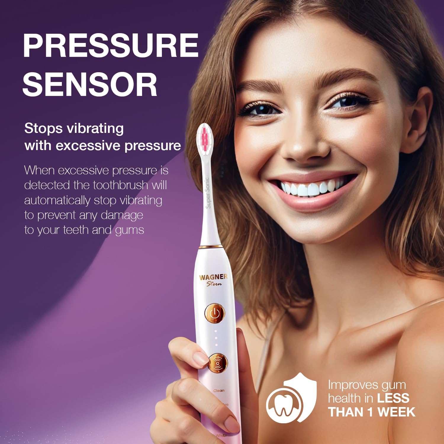 Wagner Stern WHITEN+ Edition. Whitening Electric Toothbrush with Pressure Sensor. Offers 5 Brushing Modes, 3 intensities, 8 Soft Brush Heads, and a Luxury Travel case.