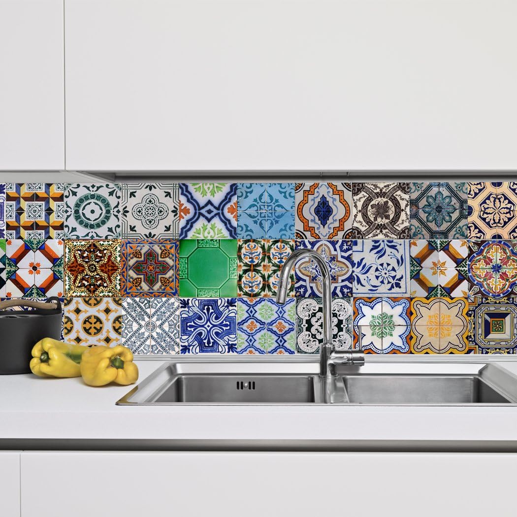 Portuguese Tiles Stickers Aljustrel - Pack of 36 Tiles - Tile Decals Art for Walls Kitchen backsplash Bathroom (3 x 3 inches (Set of 36))