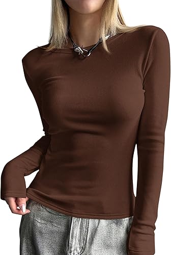 MASCOMODA Womens Basic Long Sleeve Shirts Casual Boat Neck Rib Knit Fitted T-Shirt Cute Going Out Tops Y2K Fashion Clothing