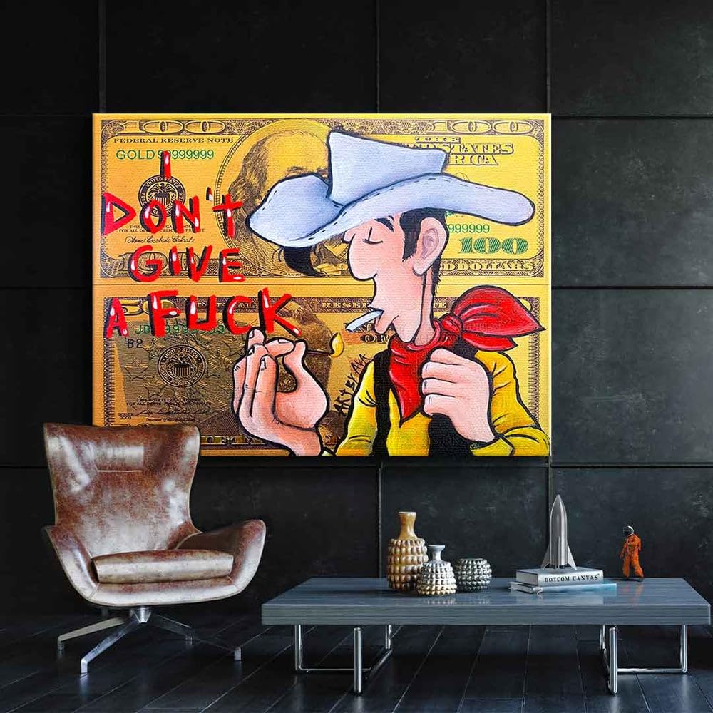 DotComCanvas Leinwandbild Lucky Luke Dollar Geld Comic Cartoon I don't give a fuck Größe 80 X 60 CM, Farbe Ohne Rahmen