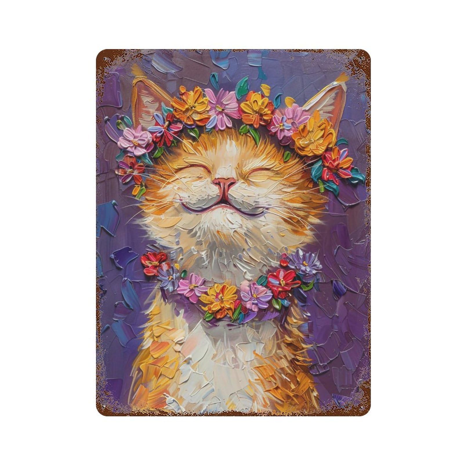YHGERTKU Flower Crown Happy Cat Oil 02 Wall Art Retro Iron Vintage Metal Tin Sign Poster Modern Decor for Living Rooms Gift 40x30cm