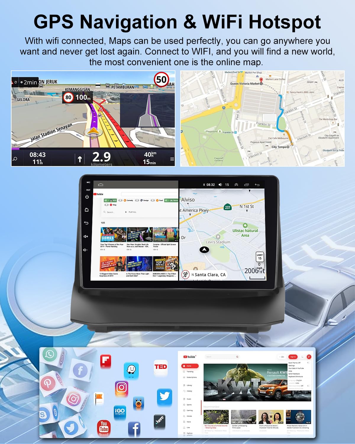 NHOPEEW 2+64G 9 Zoll Android Radio für Ford Fiesta 2009-2017 - Wireless CarPlay & Android Auto GPS Navigation, Lenkradsteuerung, FM RDS, Split-Screen + Rückfahrkamera