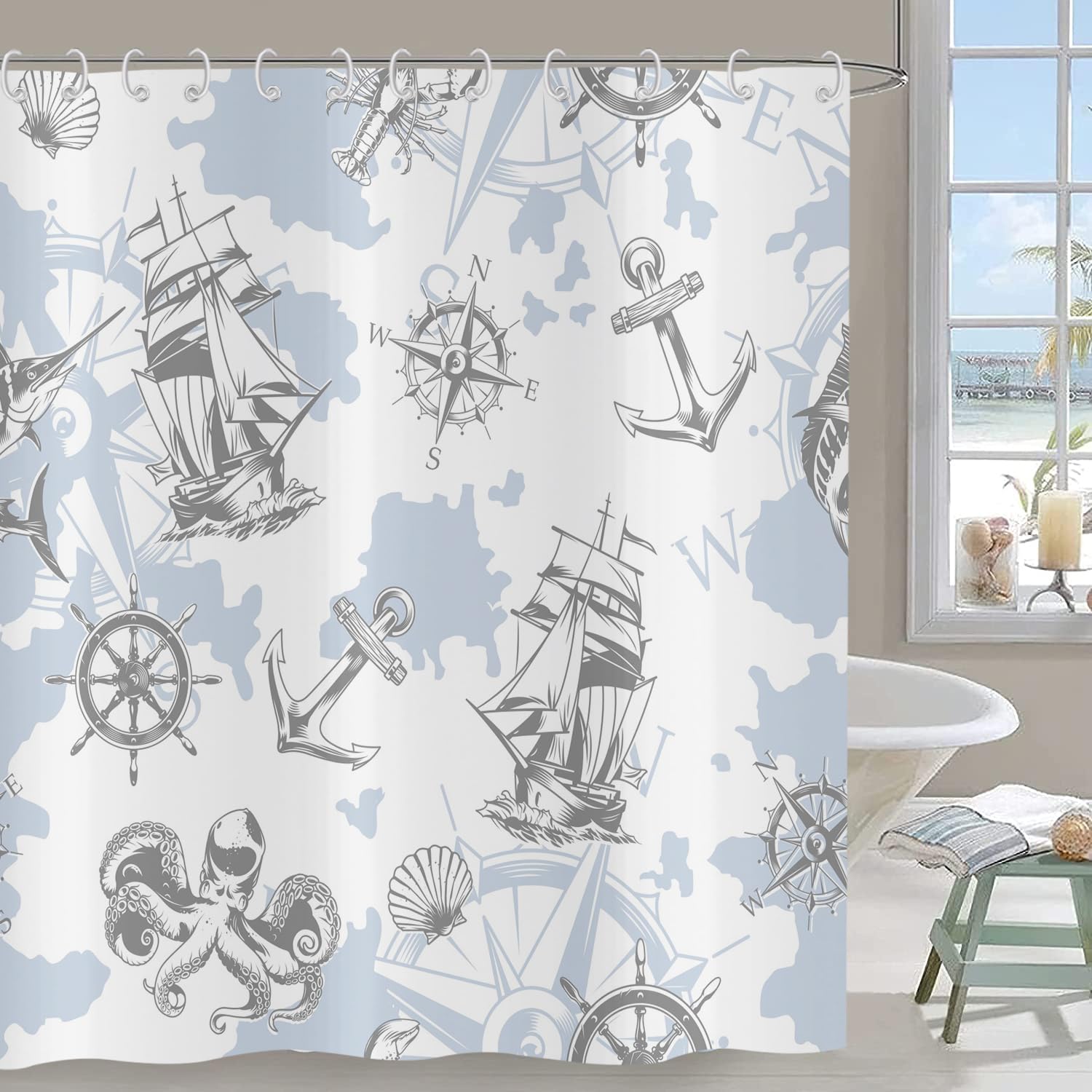 Hnmdmyi Nautical Shower Curtain 90x180, Coastal Sailboat Compass Anchor Decorative Bathroom Curtains with Hooks Waterproof Polyester Fabric Washable Bath Curtains for Wet Room