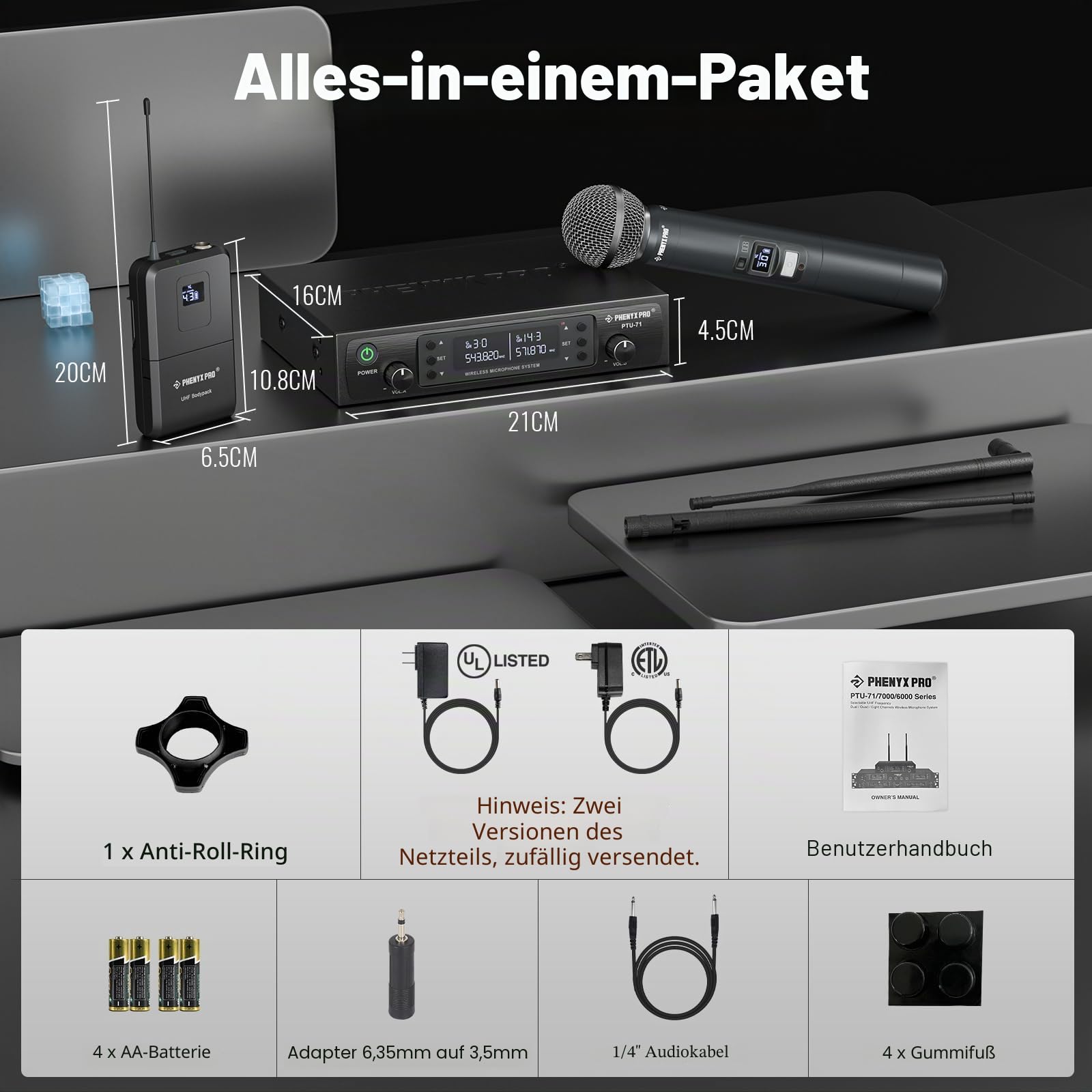 Phenyx Pro Funkmikrofon-System UHF Dual Auto Scan PTU-71-1H1B | Dynamisches Handmikrofon, Lavalier-/Headset-Mikrofon, 2 × 100 Frequenzen, 328 Fuß, Live-Gesang, Karaoke, Gottesdienste
