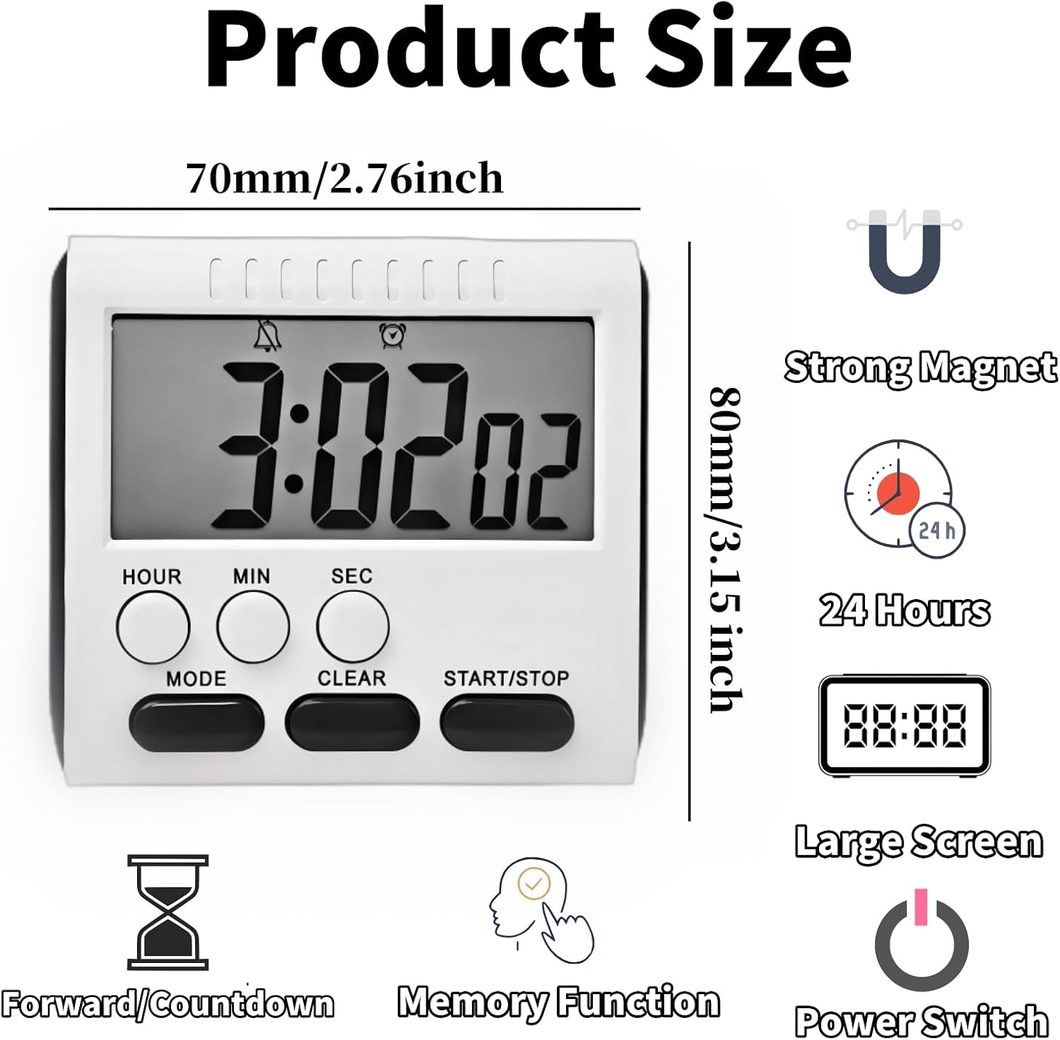 24 Hour Magnetic Timer with Digital Alarm Clock Large Screen, Loud Alarm, Magnetic Back & Hang Hole Kitchen Time with Clip, Fridge Magnet, Stove Timer for Small Spaces Hr Seconds Click Function Black