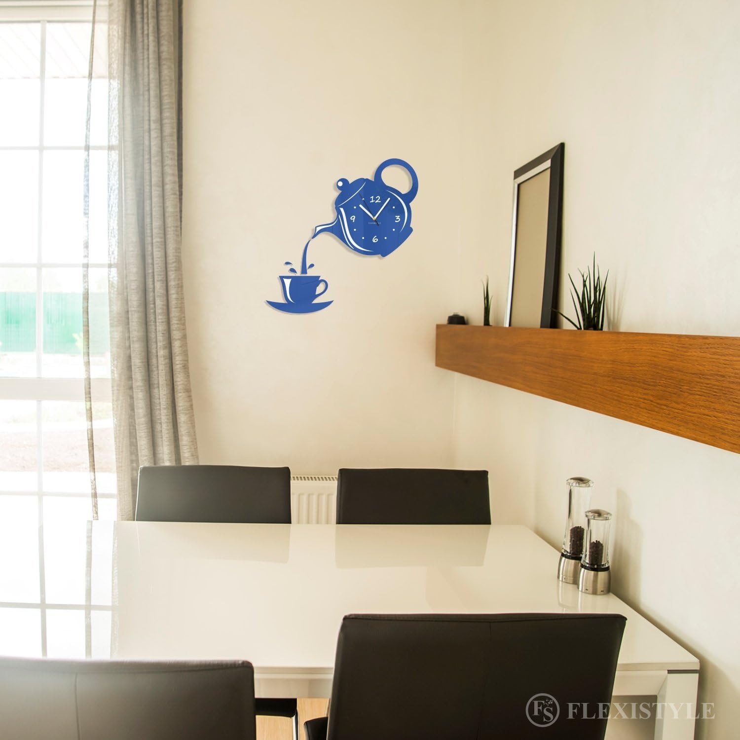 z52-5 Modern Kitchen Wall Clock Cup and Pot 45cm x 45cm 3D Silent Design Made in EU (Blu)