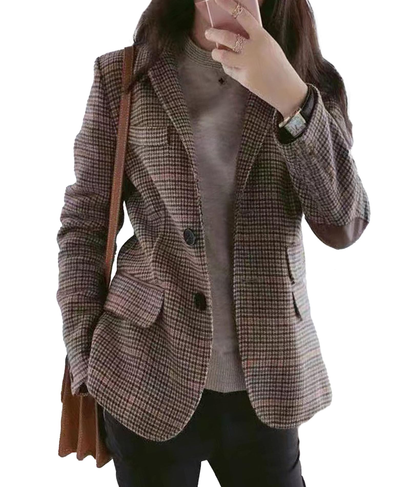 SOMTHRON Womens Plaid Notch Lapel 2 Button Blazer Suit Slim Fit Houndstooth Business Work Jacket Coat