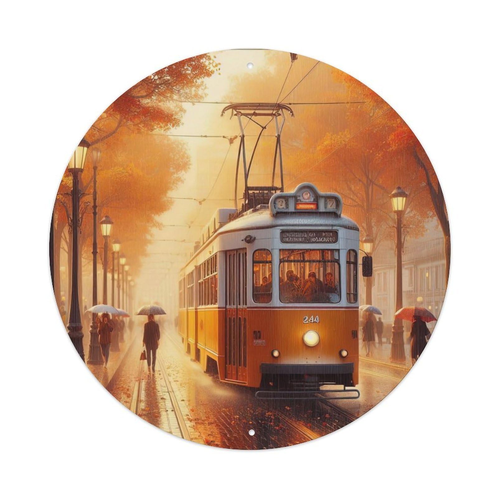 Vintage of A Tram on A Rainy Street at Night Vintage Metal Tin Sign Plaque Wall Decor for Cafe, Club, Garden Round Metal Poster 8x8Inch