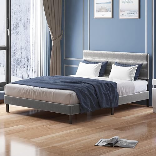 Mjkone Base de cama de plataforma tamaño King con cabecera ajustable, moderno marco de cama tapizado de terciopelo holandés, marco de cama con