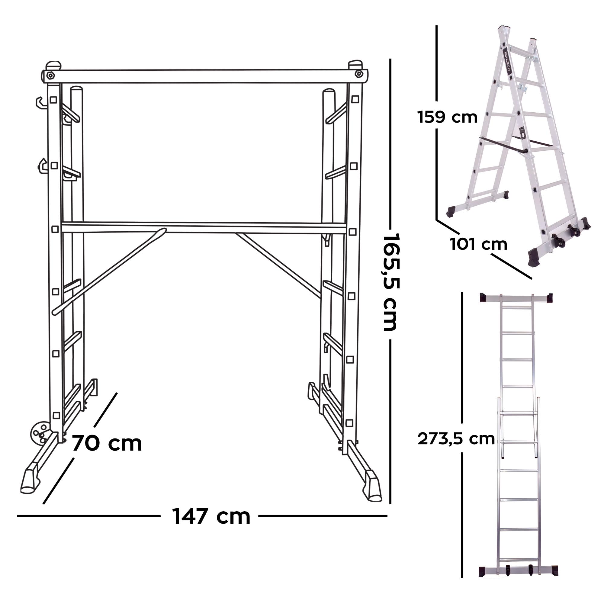 BOUDECH® RIG 100 – Impalcatura Multifunzione Trabattello 3 in 1 H165,5 cm Scala Ponteggio da Lavoro con Ruote in Alluminio Portata max 150 Kg