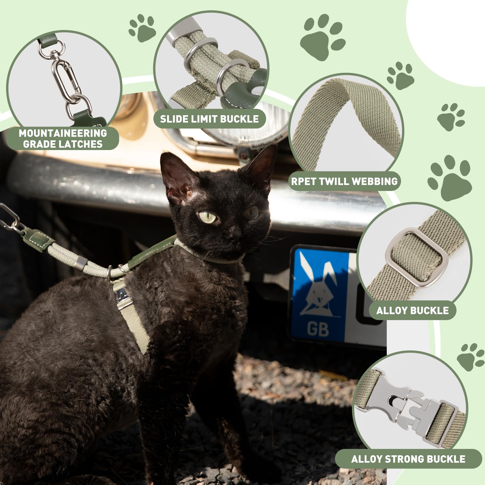 ETIAL Hochwertiges, verstellbares, ausbruchsicheres Katzengeschirr und Leine, Set mit Lederschieberücken, 1,3 m Nylonseil, Kreuzgurt, robuste Schnallen für sicheres Gehen, Olivgrün, Rückenlänge 8,9 cm