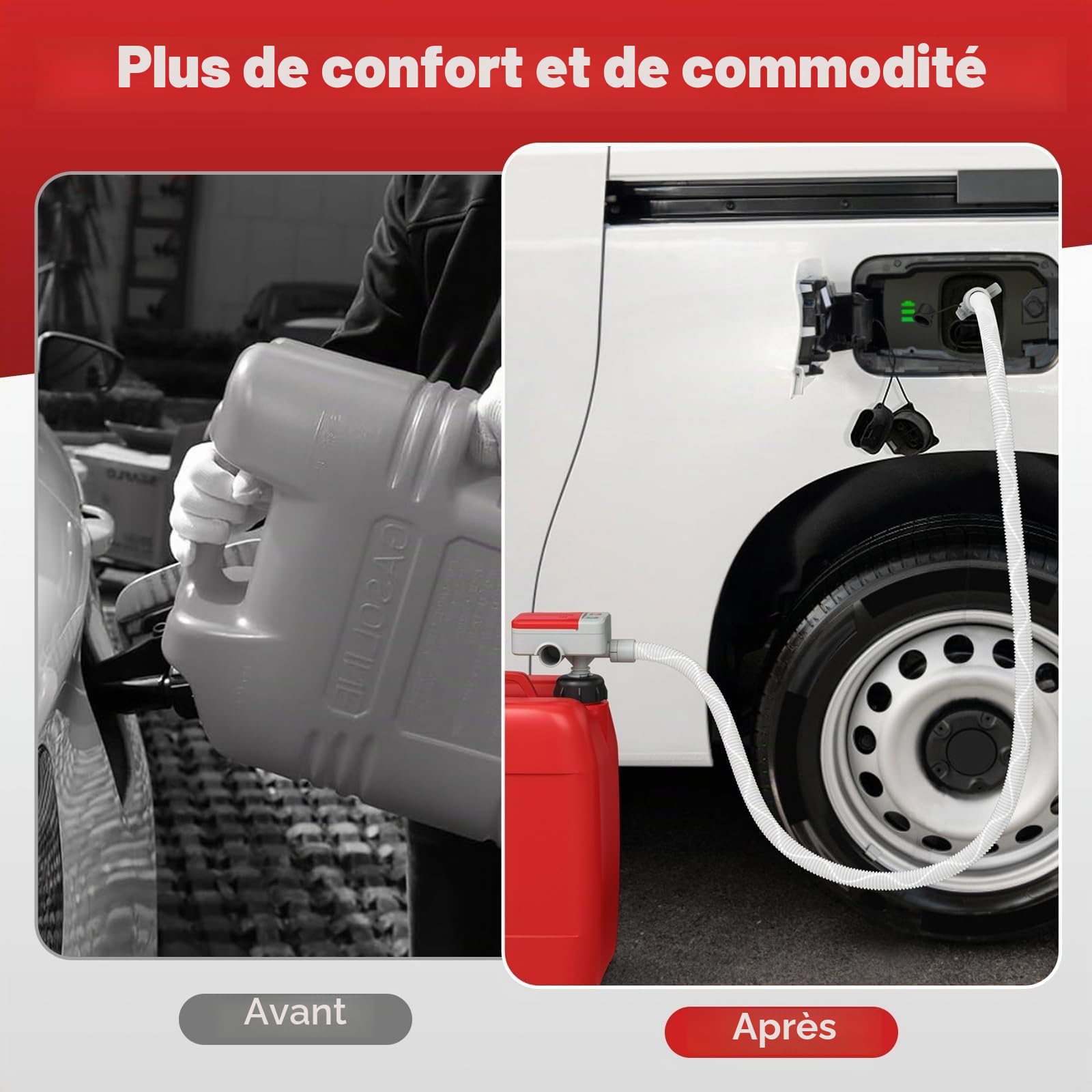 FANTASK Pompe de transfert de carburant électrique 3,2 GPM avec tuyau et 3 adaptateurs Rouge/blanc