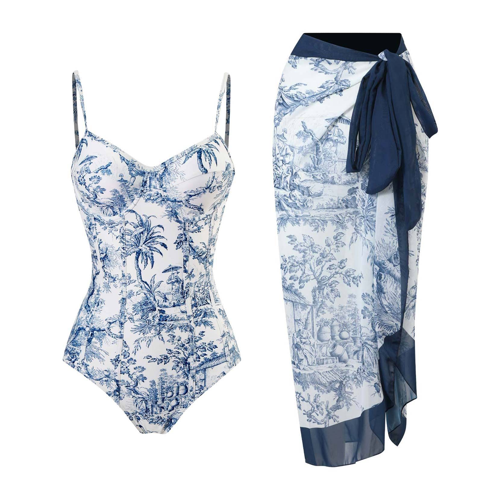 Photo 1 of YUNAR Women's Retro Floral Plunge One-Piece Swimsuit with Sarong