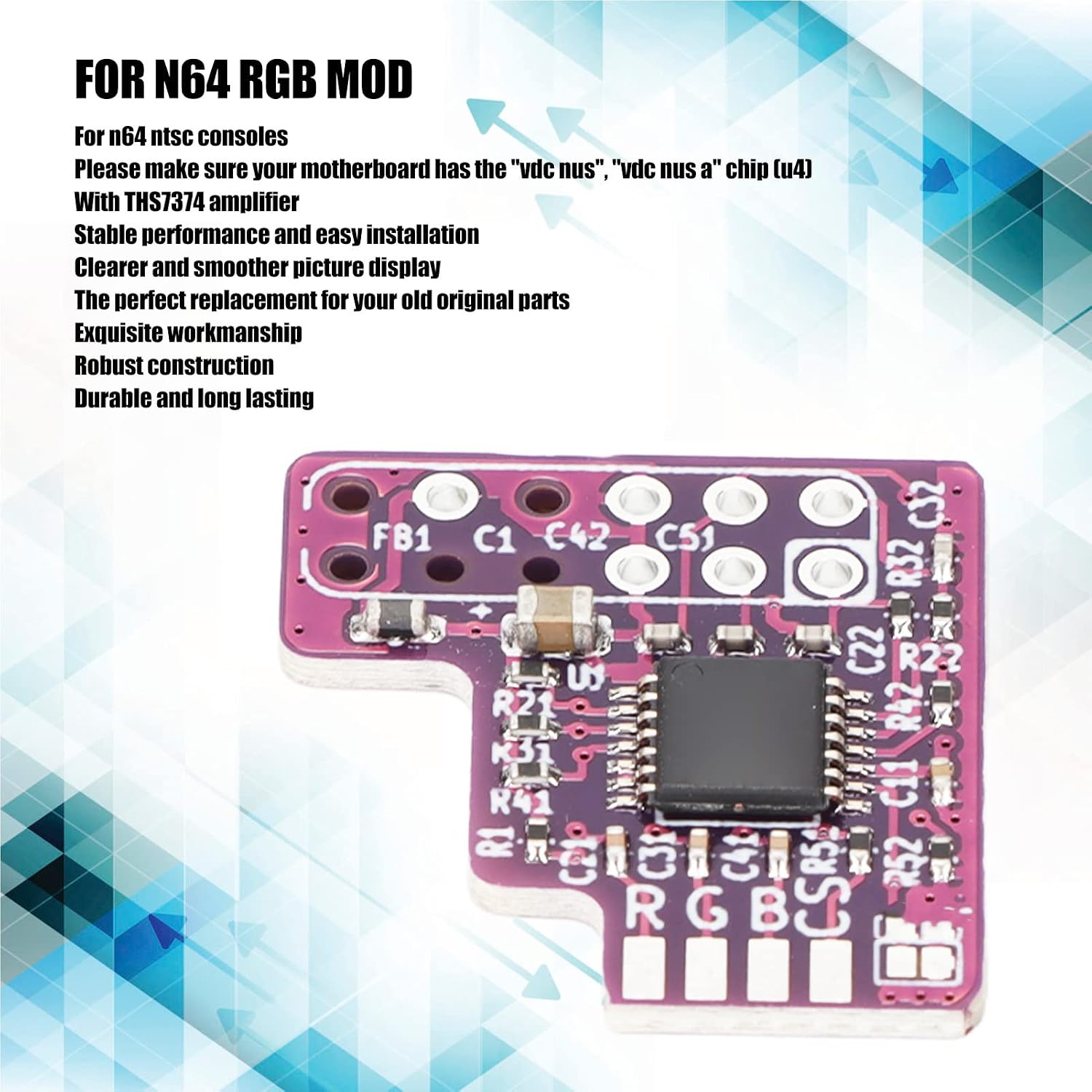 Acogedor RGB Modchip for N64 NTSC Consoles, Replacement for N64 NTSC to RGB Output Module Game Console RGB Module Chip, PCB Material