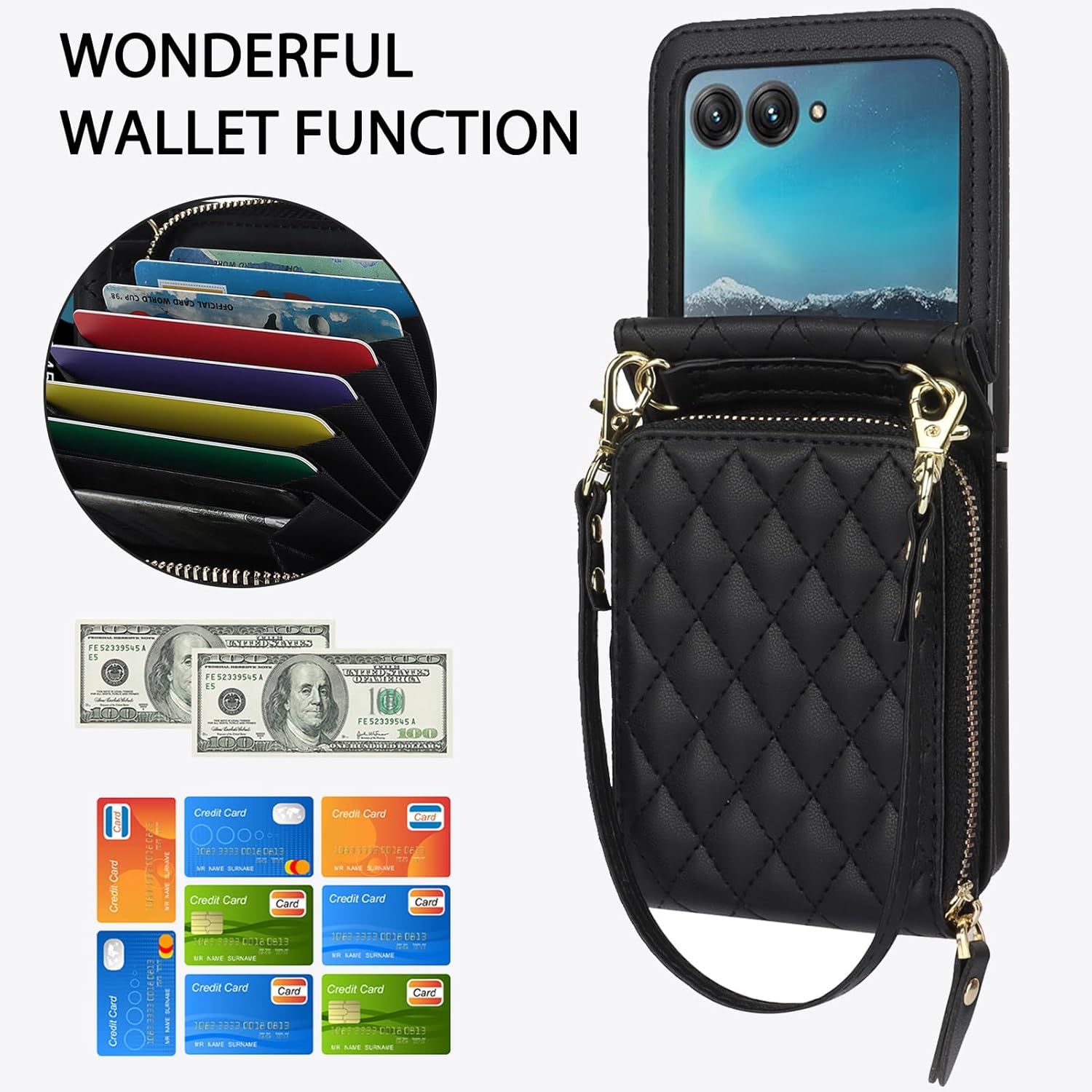 NINKI Compatible for Motorola Razr 2024 Case with Card Holder,Wallet Phone Cover for Moto Razr 2024 Leather Wristlet Finger Loop Case with Detachable Strap for Moto Razr 50 Black