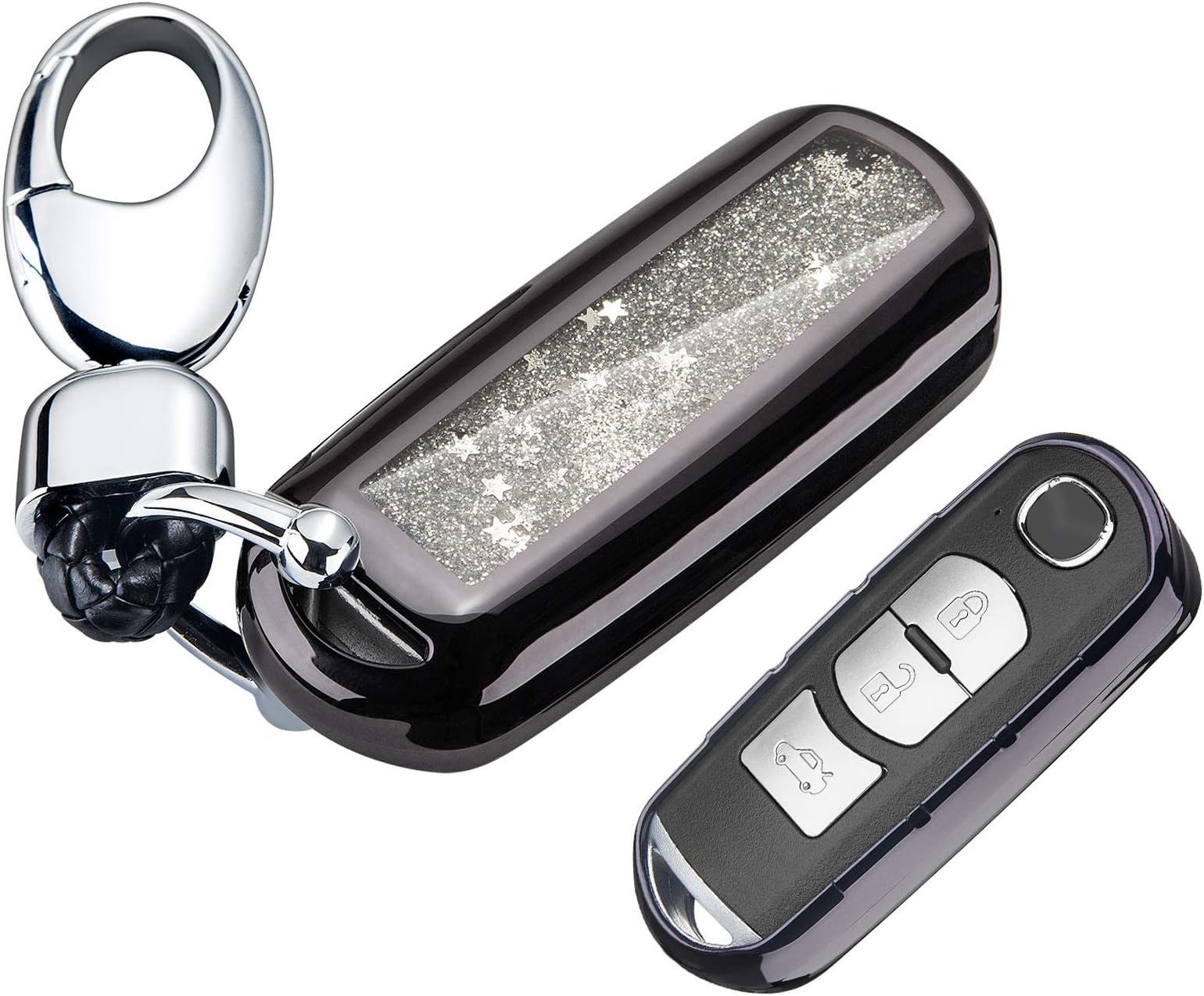 Chrome Black TPU Car Key Fob Cover Case for Mazda 2 3 5 6 8 CX3 CX5 CX7 CX9 MX5 Smart Remote Key Protective Shell with Key Chain (Black)