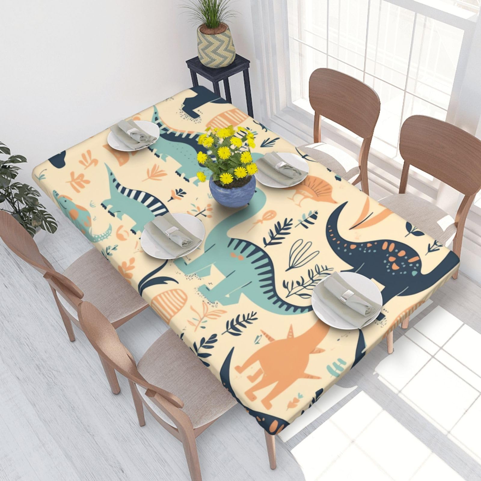 Dinosaurs Waterproof Square Table Cover Elastic Fitted Tablecloth Oil Proof Table Protector For 4ft Table