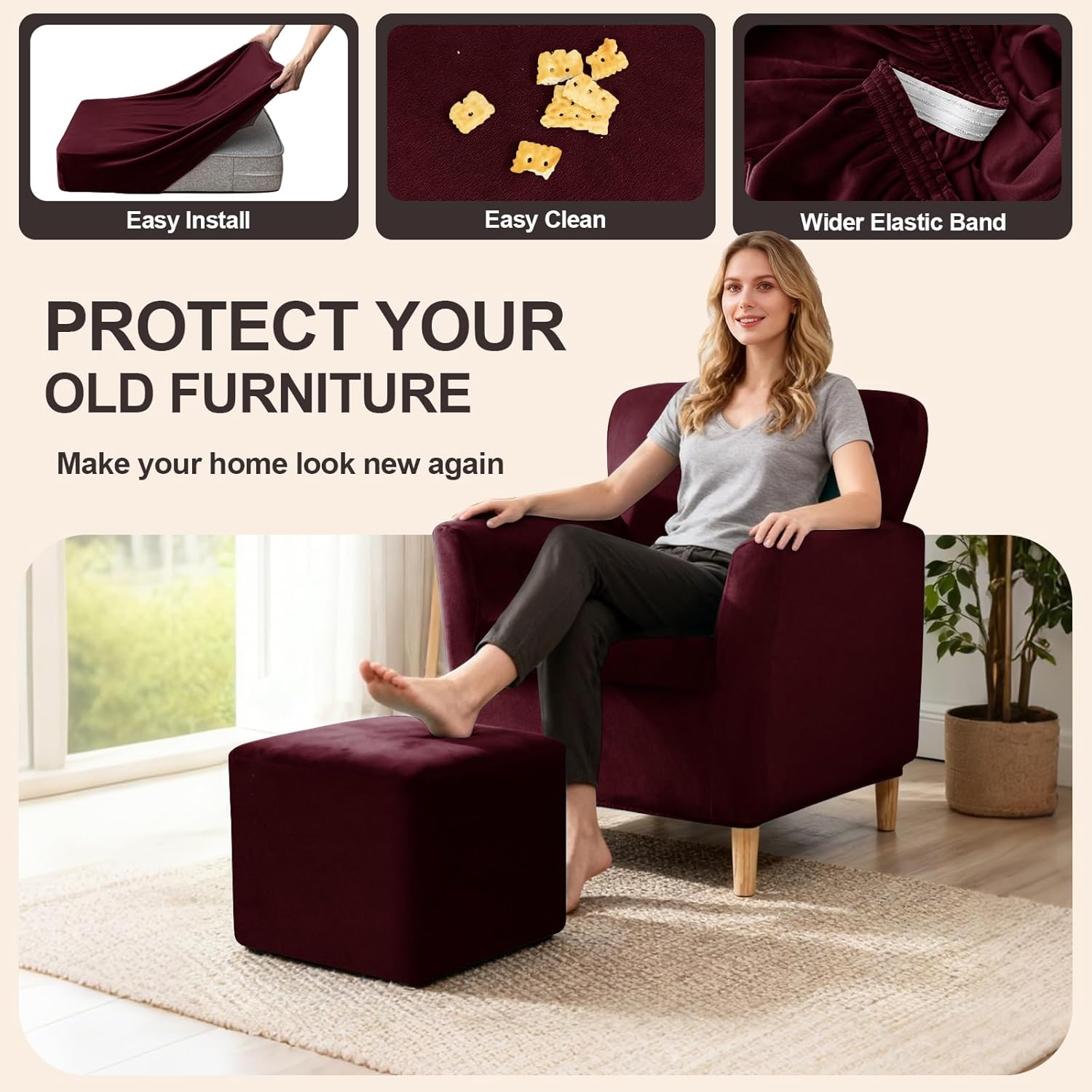 Stretch Banquet Armchair Slipcover, Velvet Soft Chair Cover with Anti-Slip Straps, Chair/Seat/Ottoman Covers for Living Room (Wine Red,Ottoman Square M)