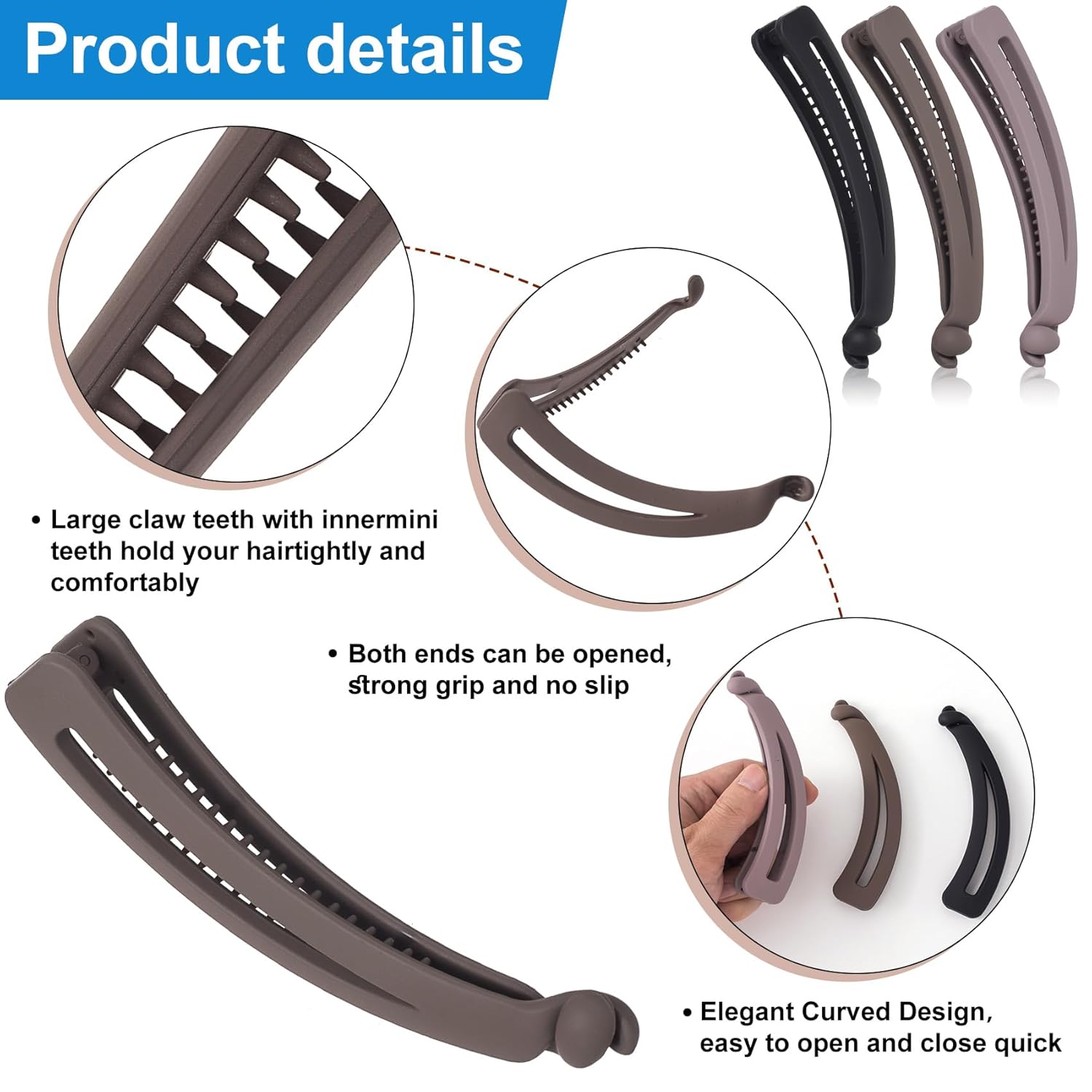 3 Pcs Banana Hair Clips for Women, Large Double Combs Claw Clips, Banana Clip Hair Accessories for Long Short Thick and Thin Hair (Purple, Brown, Black) - Image 3