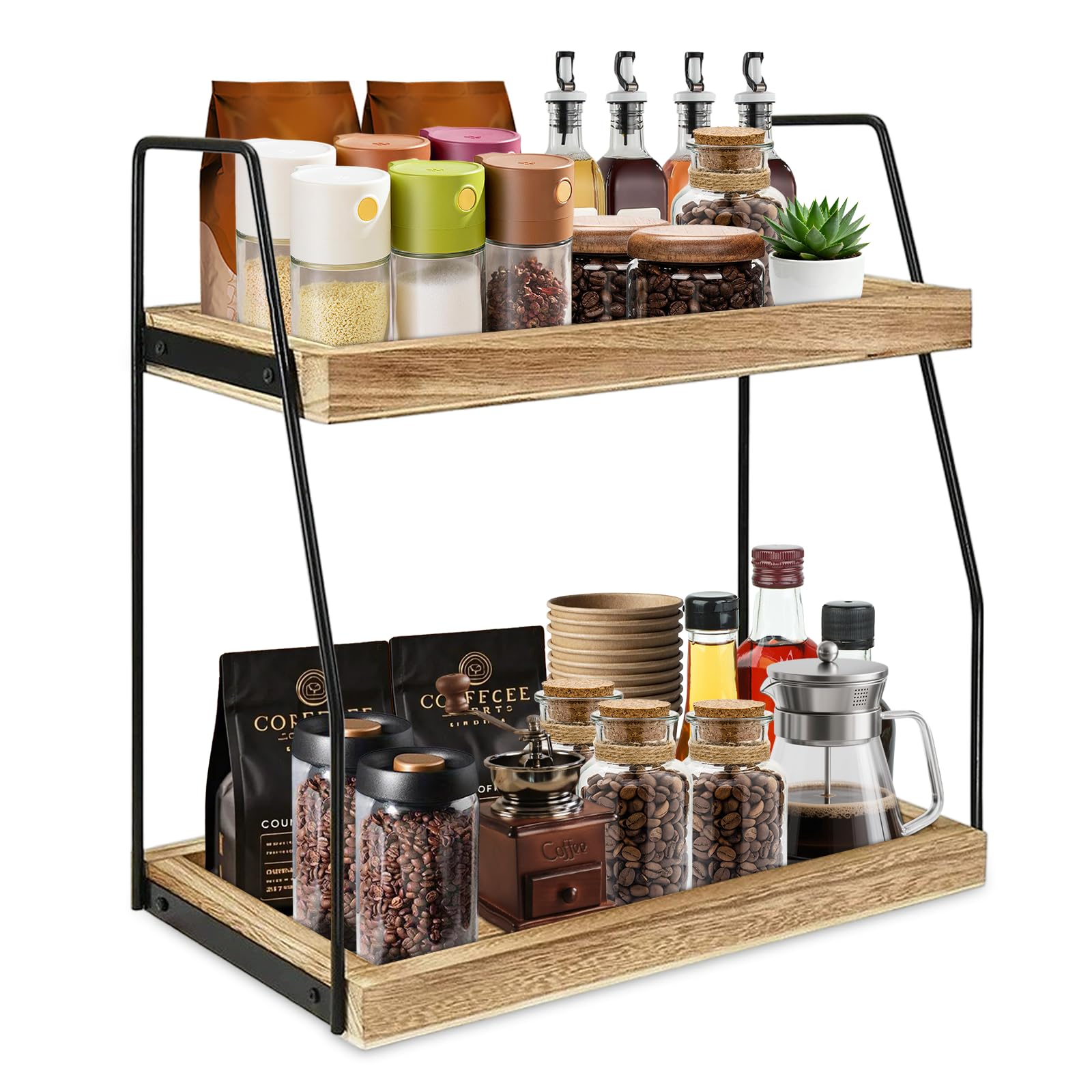 Sythrix Coffee Station Organiser for Countertop, 2 Tier Wood & Metal Kitchen Shelf, Coffee Bar Accessories Organiser with Spice Rack, Space Saving for Kitchen, Home & Office