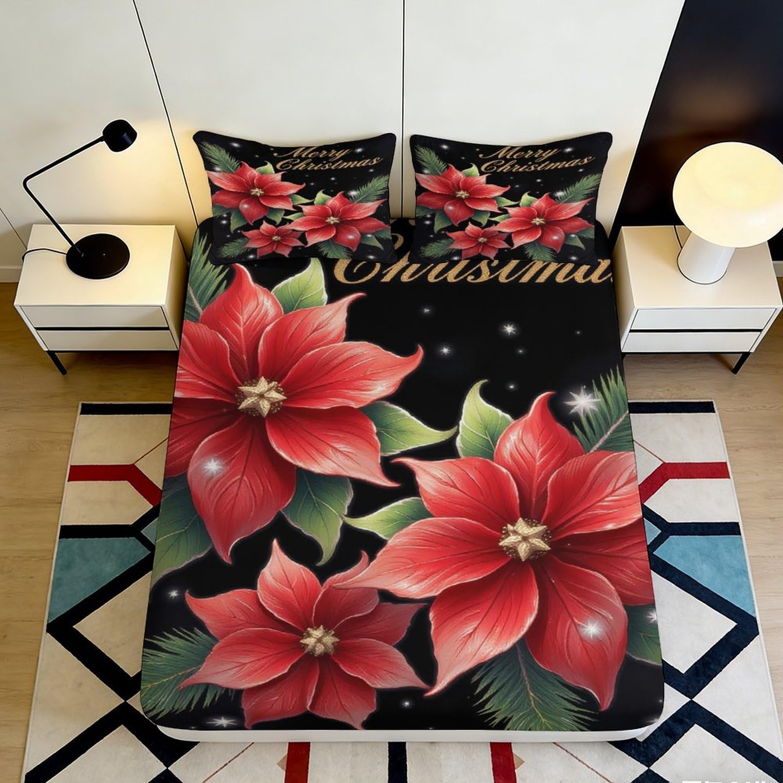 3D Printed Christmas Poinsettia Fitted Sheet Microfiber Soft Black Floral Bed Cover for Bedroom Guestroom Dorm Mattress Protection Decor 180x200x25cm