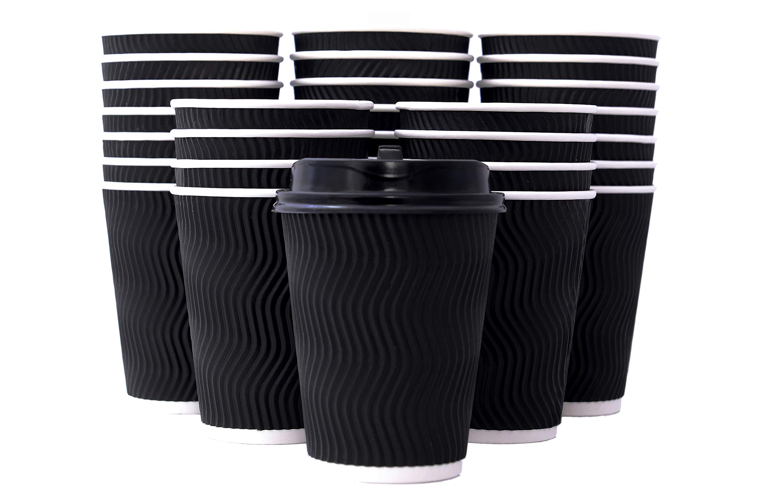 TAYFA Disposable Coffee Cups with Lids 12 oz & Stirring Straws I Insulated To Go Paper Coffee Cups with lids for Hot Beverages I Eco-Friendly and Recyclable I 12 oz - 100 Pack - Black -